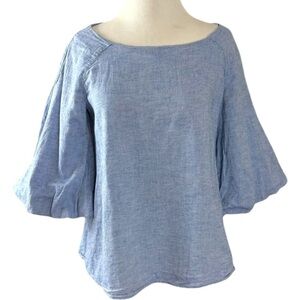 Zara Coastal Boatneck 3/4 Sleeve Bubble Bell Sleeve Blue Cotton Linen Top XS